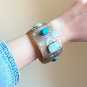 Ashley Pittman Light Cow Horn Turquoise and Amazonite Gemstone Bangle Bracelet